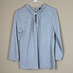 Karl Lagerfeld Paris Silver Shimmer Pleated Front/Keyhole Knit 3/4 Sleeve Blouse